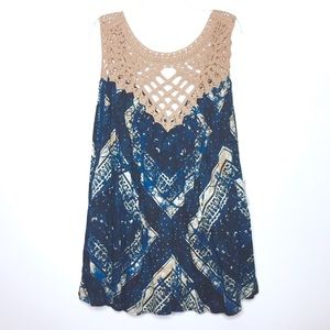 **RARE** Free People Blue & Tan Crochet Printed Romper M